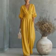 Waist-cinched V-neck Womens Jumpsuit