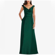 New! Alfred Sung Off the Shoulder Satin Gown in Hunter Green Sz 14 $239