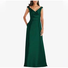 New! Alfred Sung Off the Shoulder Satin Gown in Hunter Green Sz 14 $239