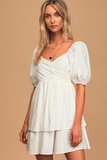 Lulu's A Little Romance Tiered Puff Sleeve Mini Dress Women's M Cream Ivory