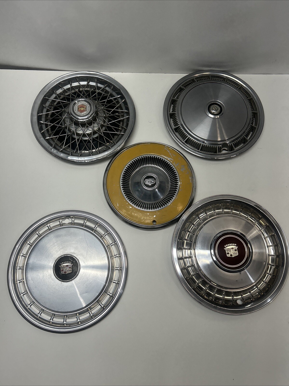 5 Vintage US Made Chrome Steel Hubcaps Wheel Covers Ford Cadillac Firebird