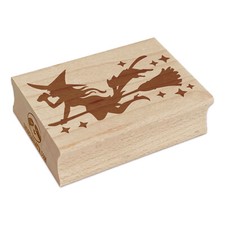 Witch On Broom Halloween Coffee Cat Rectangle Rubber Stamp for Stamping Crafting