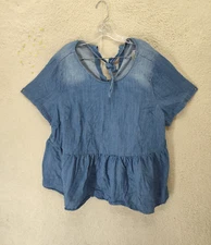 Lane Bryant Women Top 22/24 Blue Cotton Blend Short Sleeve Crew Neck Blouse