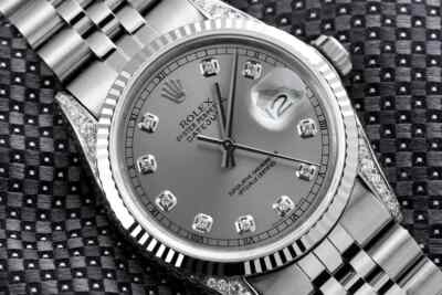Rolex Datejust 36 mm Grey Diamond Dial White Gold Fluted Bezel Steel Watch