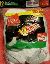 NEW 12 Pair Hanes Boys Socks Shoe Size 4.5-8.5 Small white Cushion Ankle