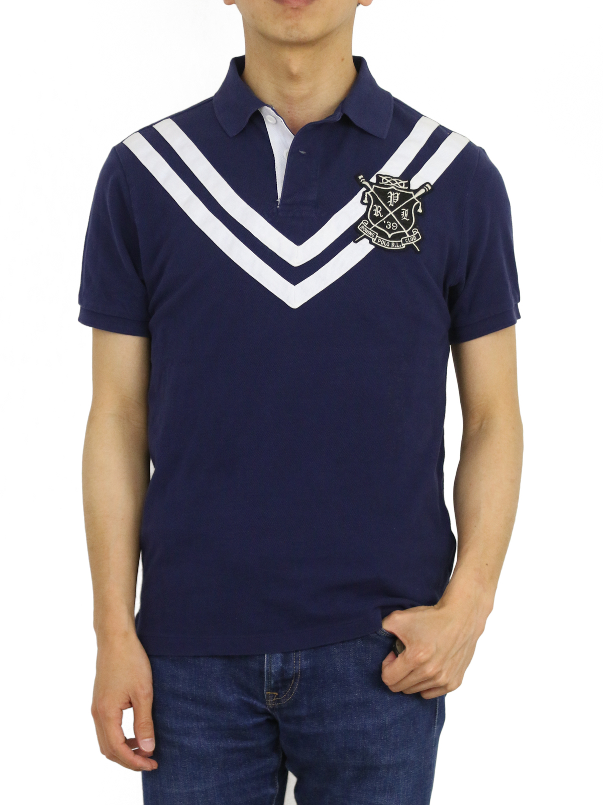 Поло Ральф Лорен изготовленный на заказ тонкий Fit регби Поло Вт двойной V и эмблемы патч - морского флота