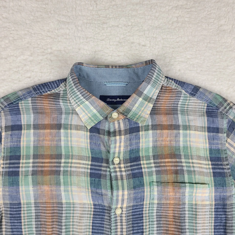 Tommy Bahama Shirt Mens Large Blue Green Orange Plaid Linen Dress Button Up - Image 3 of 4
