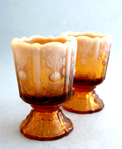 Pair of Vintage Fenton Topaz Opalescent Glass Pedestal Toothpick Holders Votives