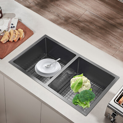 31''x18'' Double Bowl Composite Drop-in Kitchen Sink 2 Bowl Set Stainless Steel