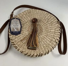 Sun N Sand Round Straw with Leather Trim and Tassel Purse New with Tags 9" Diam.