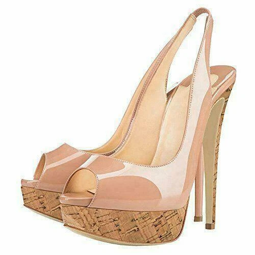 Zapatos de tacón alto para mujer con plataforma charol punta abierta elásticos con cordones Foto 2 de 4