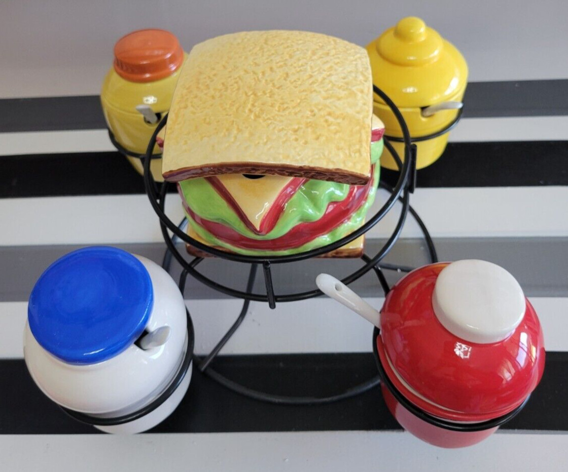 PIER 1 IMPORTS SANDWICH CONDIMENT SPINNER BLACK METAL HOLDER AND 5 CONTAINERS
