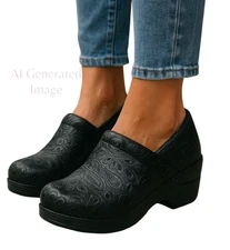 Born Concept BOC Paisley Floral Black Tooled Leather Wedge Heels Clogs Sz 6.5 M