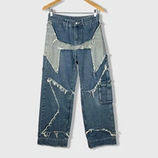 Romwe Patchwork Denim Cargo Jeans Womens S Distressed Stars Hip Hop Baggy