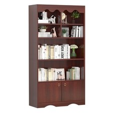 5-Tier Bookshelf with Doors Tall Storage Cabinet Walnut Wooden Display Shelf