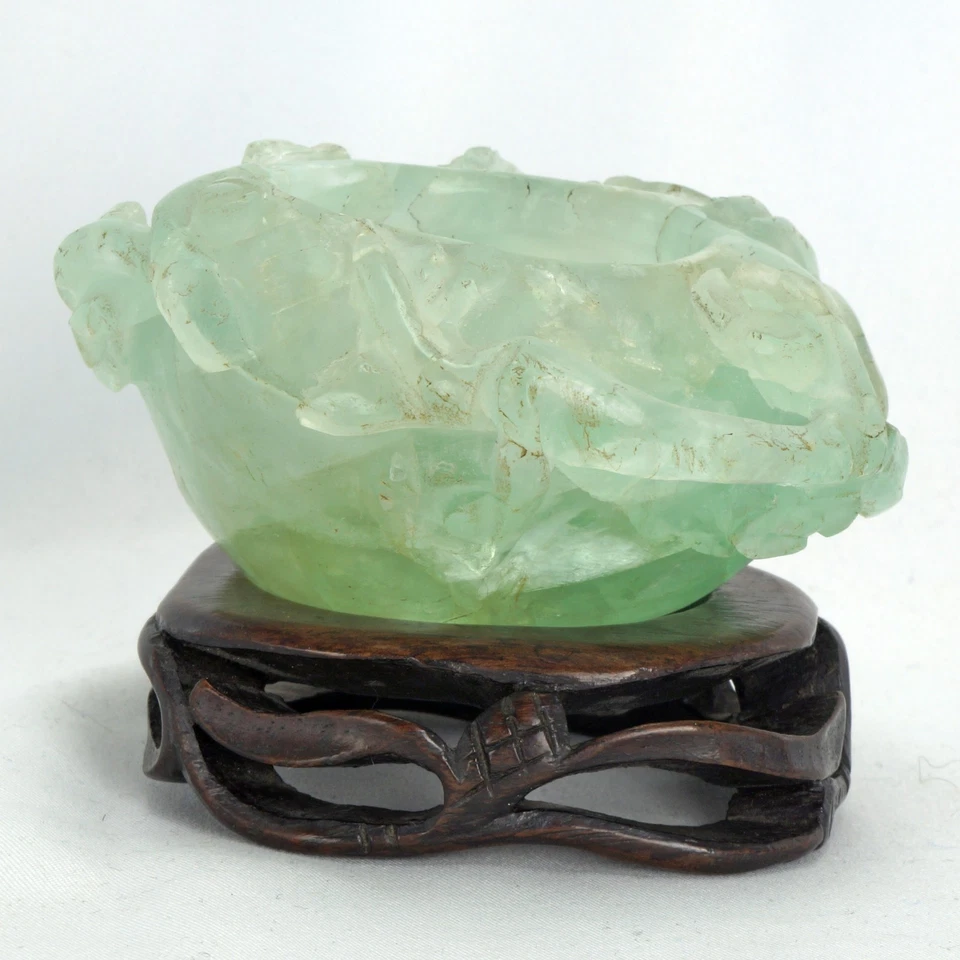 Antiguo incensario chino de fluorita tallada o lavadora de arbusto sobre soporte Qing/República Foto 4 de 4