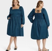 NWT Ava & Viv Women's Balloon Sleeve Midi A Line Poplin Dress Teal Plus Sz 2X