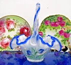 Fenton Blue Iridescent Glass Pansies Twisted Handle Signed by artist & B. Fenton
