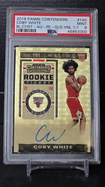 2019 Panini Contenders Coby White Rookie Auto Gold Vinyl 1/1 RC Auto Bulls PSA 9