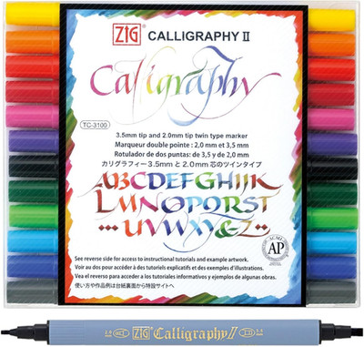 ZIG Calligraphy Marker Pens, 12 Colors Set, 2Mm & 3.5Mm Dual Tip Markers