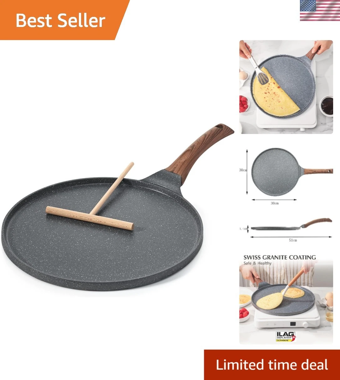 12-Inch Swiss Granite Nonstick Griddle - Perfect for Crepes and Pancakes