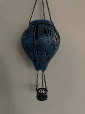 Outdoor Solar Powered Hanging Hot Air Balloon Shaped Metal Lantern In Blue