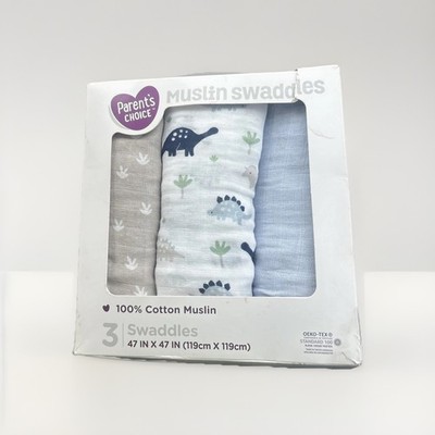 Parent's Choice 3 Muslin Swaddles Dinosaur Theme 47'' x 47'' Cotton Baby Boy New