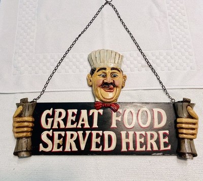 Vintage Hanging Restaurant Sign ''Great Food Served Here''  Chef Face Italian 