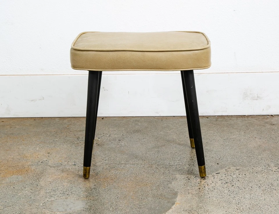 Mid Century Modern Ottoman Stool Tan Wood Vintage Mcm Mcm Black Rectangular - Image 3 of 4