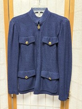 St John Collection By Marie Gray Navy Blue Full Zip Gold Logo Pocket Jacket 2