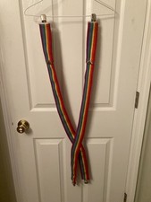 Vintage Elastic Rainbow Suspenders Clip On Silver Hardware Mork and Mindy
