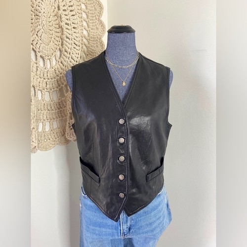 DKNY Vintage 90s Black Moto Leather Vest Size Medium