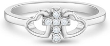Cubic Zirconia Tiny Heart  Cross Ring - Hypoallergenic 925 Sterling Silver Ring
