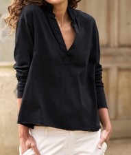 Frank & Eileen Patrick Popover Henley Polo Long Sleeve Top Black Nautical FLAW