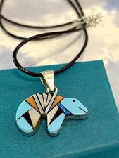 Navajo 2-sided Sterling Silver BEAR Opal Turquoise Oyster Inlay Necklace Pendant