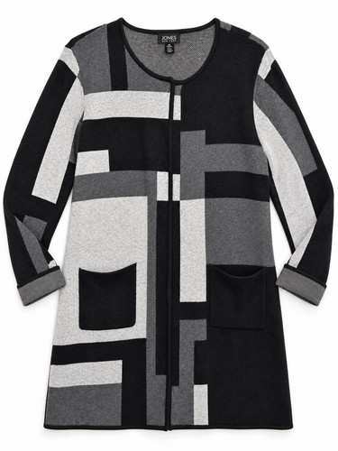 Jones New York Women’s Black Gray White Knit Cardigan Sweater Geometric XL