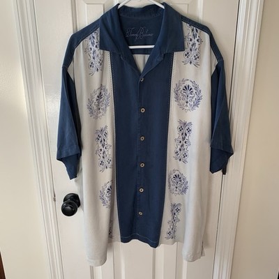 Tommy Bahama Men Silk Blue/White Panel Hawaiian Short Sleeve Button Up Shirt XXL