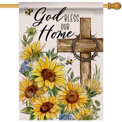 God Bless Our Home Spring Summer Easter Decorative House Flag, Religious Cros...