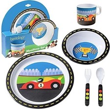 5 Pc Mealtime Feeding Set for Kids and Toddlers - Racecar - Includes Plate, B