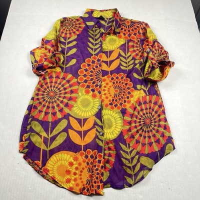 Bam Bam Boho Button Shirt Retro Floral Mod Print 3/4 Sleeve Festival Blouse L