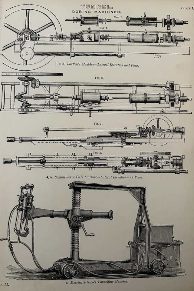 Antiker Druck 1870 Bartlett Maschine Viktorianischer Tunnel Bohren Industrie Gravur