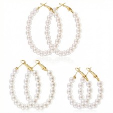 3 Pairs Pearl Hoop Earrings, Fashion White Earrings 3 size, Gold