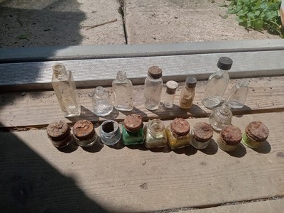 Vintage Glass Medicine Bottles, some clear and amber, some damaged