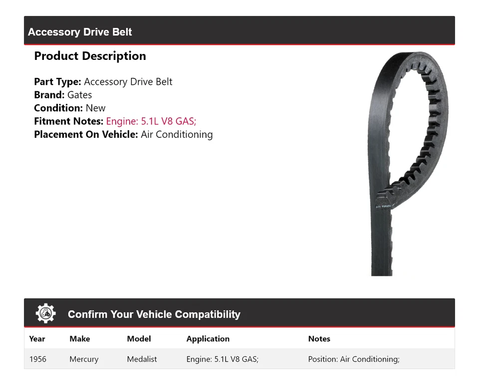 适用于 1956 年 Mercury Medalist 5.1 升 V8 气体驱动皮带 适用于 AC Gates — 第 2/4 张图片