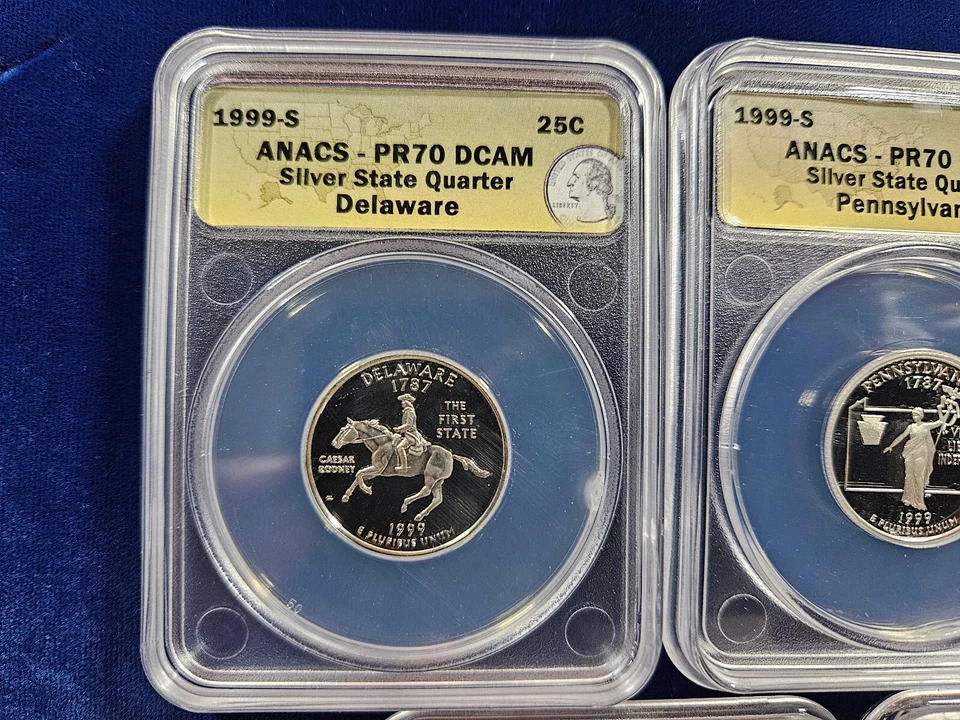 🌟 1999-S SILVER Proof State Quarter 5-Coin Set ANACS PR70 DCAM w/ Delaware RARE - Image 2 of 4