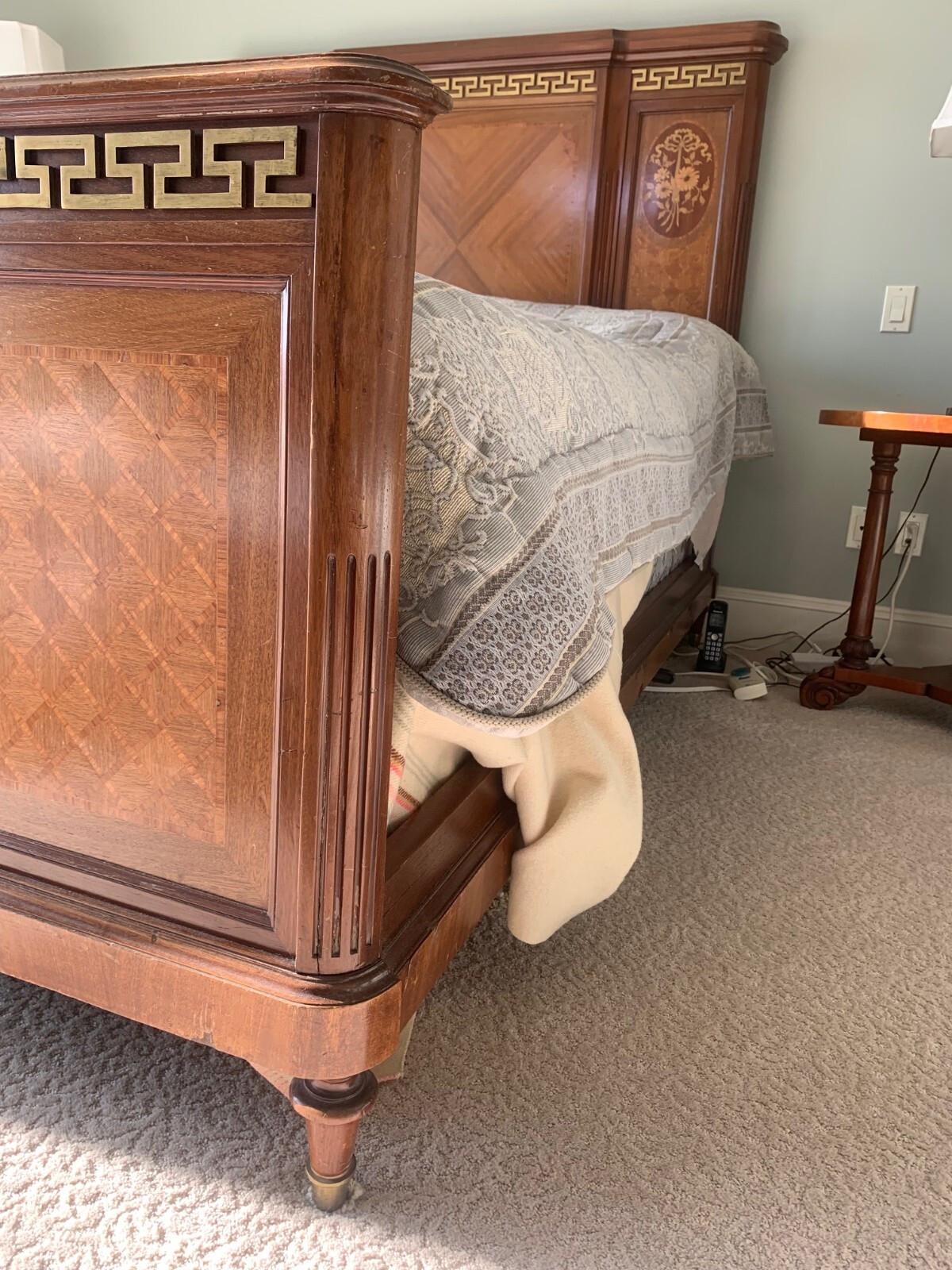 French Antique Inlayed Queen Size Bed Headboard Footboard and Rails