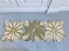 White IVORY Gold SILVER BEADED Christmas Poinsettia Elegant Table Runner 13x36