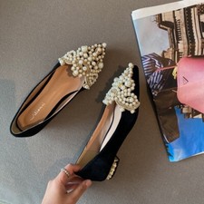 Women Rhinestone Pearl Pointed Toe Flat Shoe Casual Slip on Sandal Party Wedding
