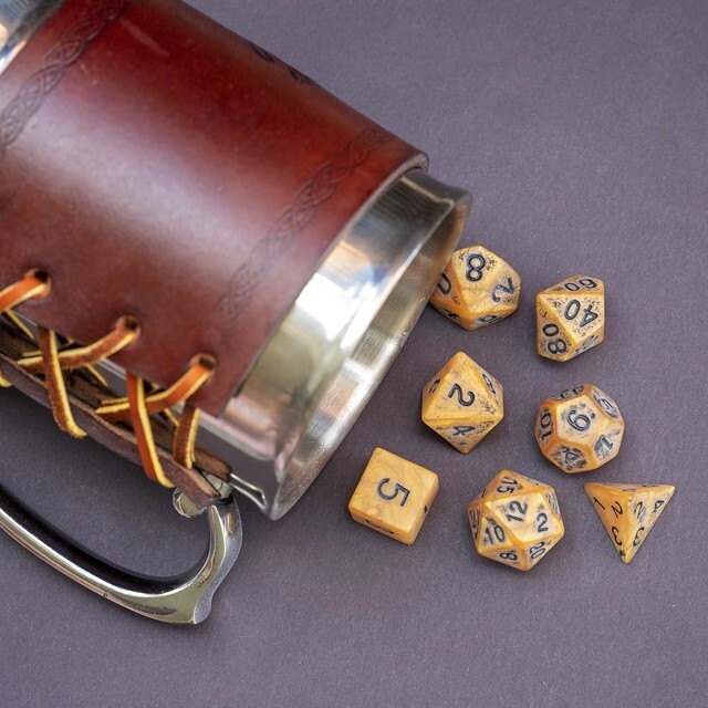 Sage's Ancient Golden Stone Black Ink Acrylic Polyhedral Dice Set