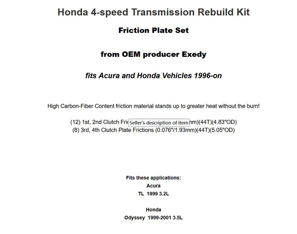 4-скоростная коробка передач Honda Acura 1996+ комплект фрикционных пластин B7TA B7YA B7VA - Изображение 3 из 3